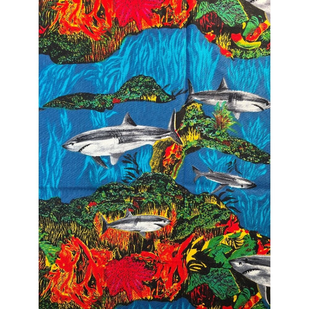 Fabric - Vintage Sharks Swimming in Coral Reef CS Shamash and Sons 42” L x 44” W